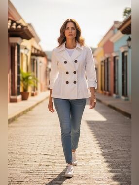 American Rag Classic Double-Breasted White Smocked Top--Trench Jacket Style